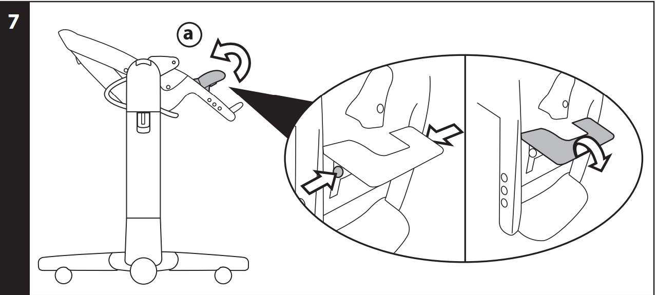 7 ПОДСТАВКА ДЛЯ САМЫХ МАЛЕНЬКИХ: стульчик снабжен подставкой, которую можно использовать в варианте «шезлонг-качалка». Поднимите подножку, потянув ее по направлению вверх (рис_a), чтобы убрать ее, нажмите на две боковые кнопки (рис_b) и потяните ее по направлению вниз (рис_c).
