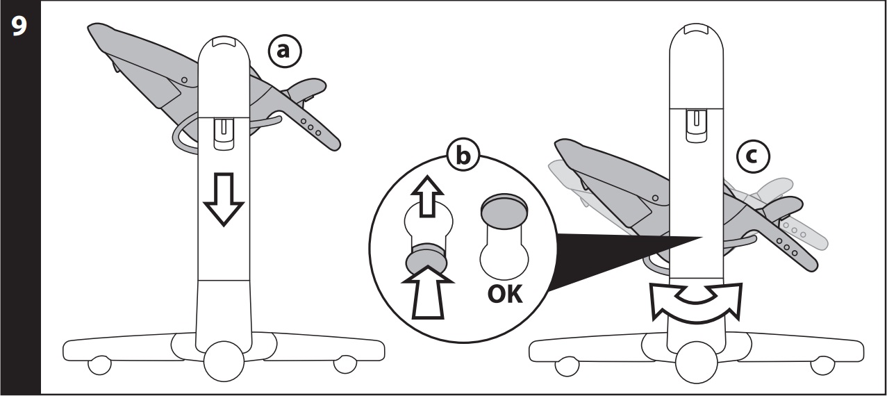 9 КАЧАЛКА: чтобы превратить стульчик в качалку, установите сидение в самое нижнее положение (рис_a), нажмите на красные кнопки, имеющиеся на внутренней части опорных стоек, и потяните их по направлению вверх (рис_b). Сидение в положении качалки (рис_c).